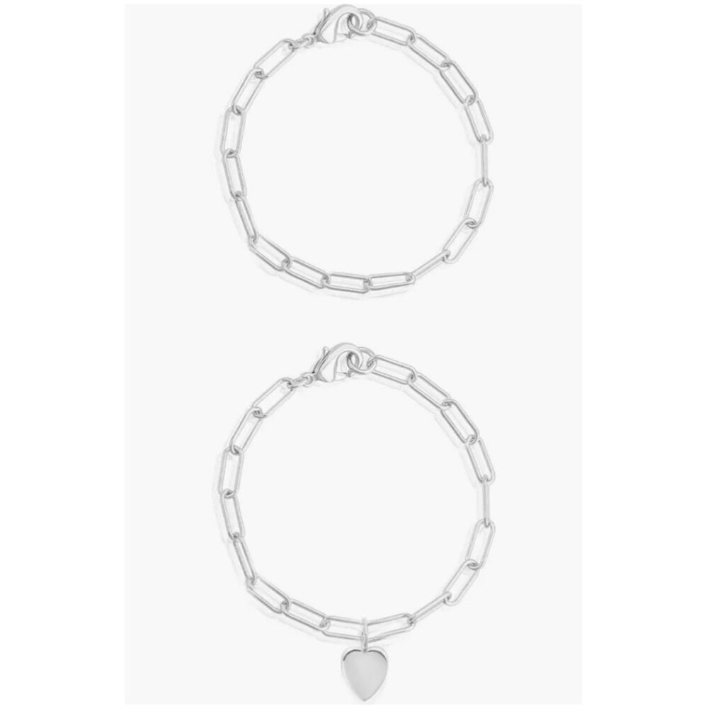 NEW Adornia Paperclip Chain Heart Charm Bracelet Set